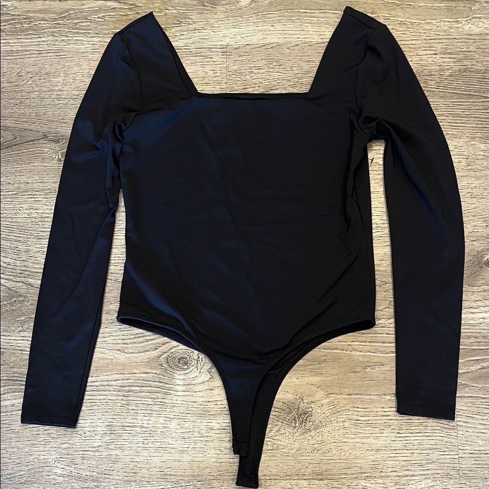 Square Neck Long Sleeve Black Bodysuit Size L